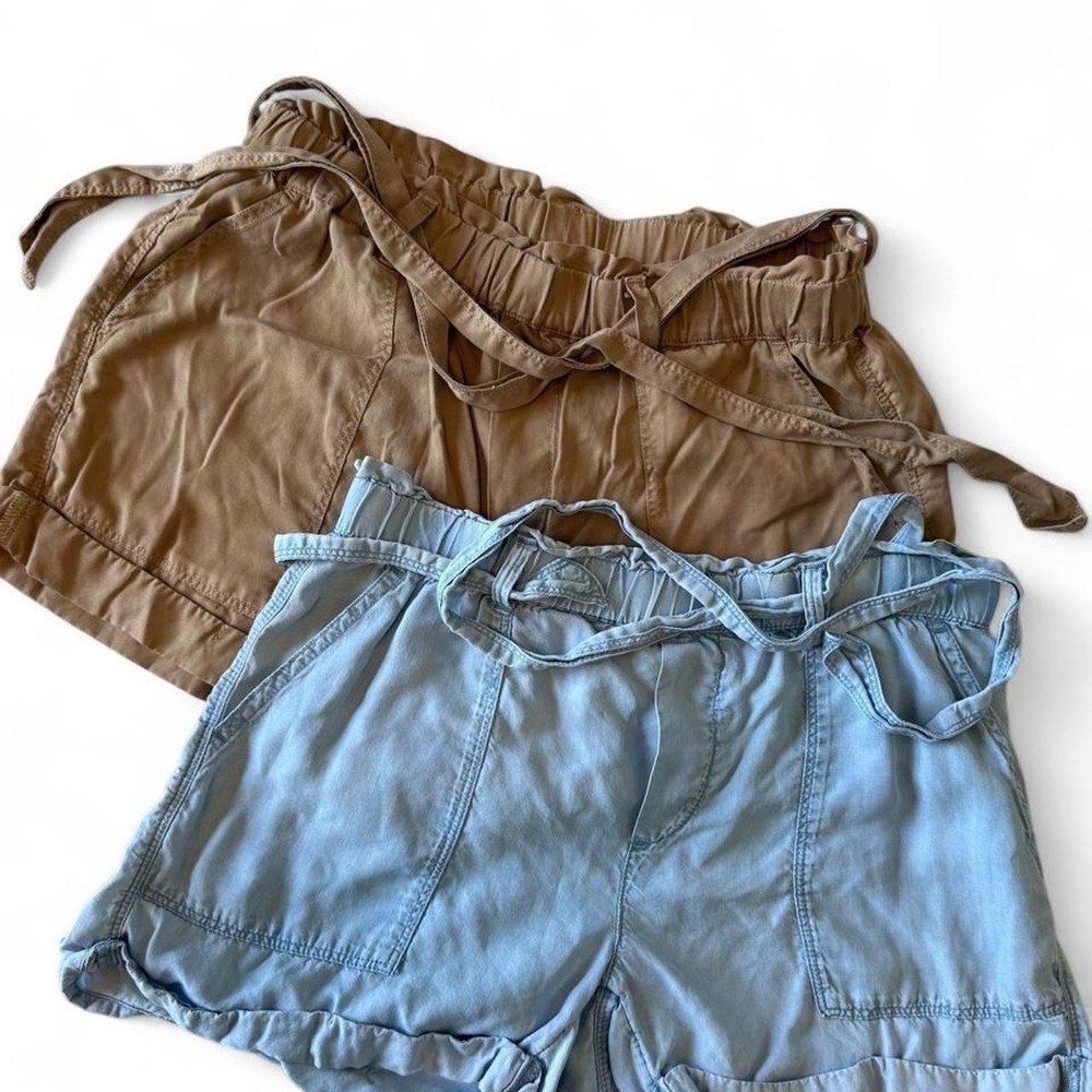 Aerie Paperbag Waist Tie Shorts Bundle Blue & Tan Soft Relaxed Summer Size Small